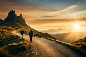 dos personas caminando en el la carretera a puesta de sol. generado por ai foto