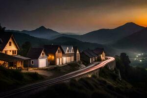 a house in the mountains with a train passing by. AI-Generated photo