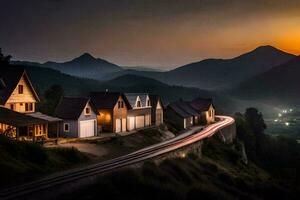 un casa en el montañas con un tren paso por. generado por ai foto