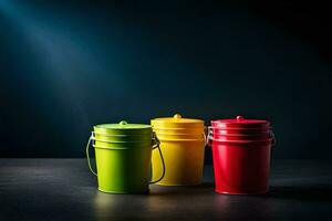 three colorful buckets on a dark background. AI-Generated photo