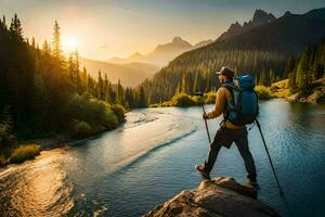 un hombre con un mochila y excursionismo polos en pie en un rock con vista a un río. generado por ai foto