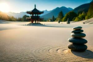 un apilar de piedras en el arena con un pagoda en el antecedentes. generado por ai foto