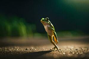 a frog standing on its hind legs on a dirt road. AI-Generated photo