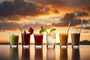 five different drinks in glasses on a table with sunset in the background. AI-Generated photo