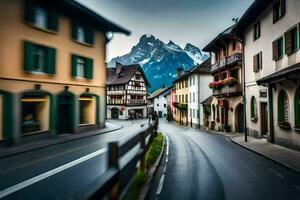 a street in the alps with mountains in the background. AI-Generated photo