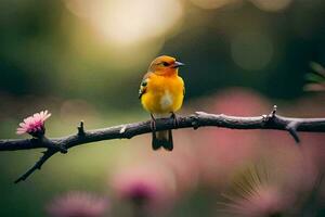 a yellow bird sits on a branch in front of pink flowers. AI-Generated photo