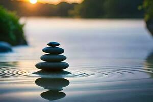 a stack of stones in the water at sunset. AI-Generated photo