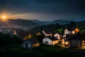 foto fondo de pantalla el cielo, montañas, el sol, el luna, el montañas, el aldea,. generado por ai