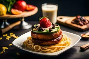 a plate of food with a hamburger, strawberries and tomatoes. AI-Generated photo