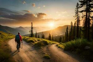 a man with a backpack walking down a dirt road in the mountains. AI-Generated photo