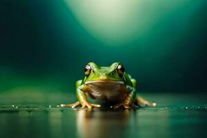 un rana sentado en un mesa con un verde antecedentes. generado por ai foto