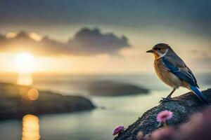 un pájaro se sienta en un rock con vista a el Oceano a puesta de sol. generado por ai foto