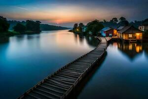 a wooden bridge over a river at sunset. AI-Generated photo