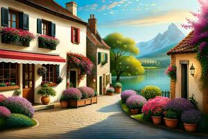 a painting of a street with flowers and houses. AI-Generated photo