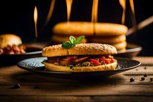 un hamburguesa con tocino y Tomates en un lámina. generado por ai foto