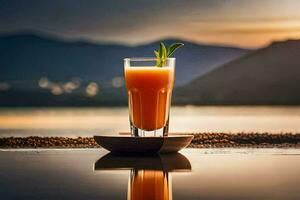 a glass of orange juice on a wooden tray with a lake in the background. AI-Generated photo