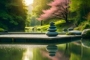 a stone stack sits on a dock in front of a pond. AI-Generated photo