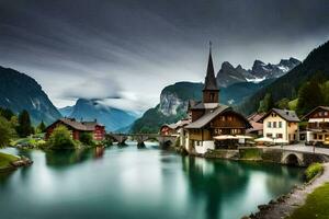 a river and a mountain village in the alps. AI-Generated photo