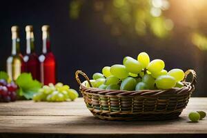 grapes in a basket on a wooden table. AI-Generated photo