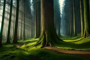 a forest with trees and mossy ground. AI-Generated photo