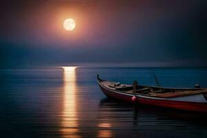 a boat sits on the water in front of a full moon. AI-Generated photo