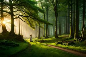 a woman is walking down a path in the forest. AI-Generated photo