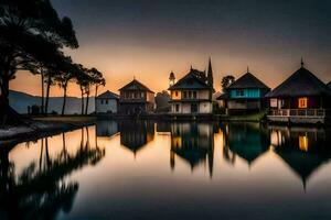 a lake with houses at sunset. AI-Generated photo