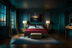 a bedroom with blue walls and a bed. AI-Generated photo