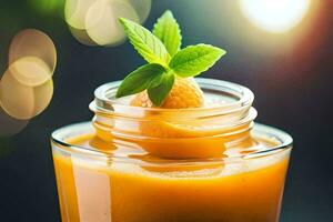 a glass of orange juice with a mint leaf on top. AI-Generated photo