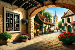 an illustration of a street with flowers and a brick wall. AI-Generated photo