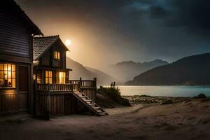 photo wallpaper the sky, mountains, water, house, lake, sunset, house, lake,. AI-Generated