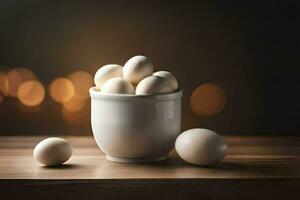 white eggs in a cup on a table. AI-Generated photo