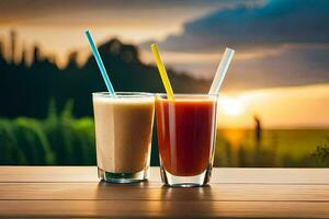 two smoothies with straws on a wooden table. AI-Generated photo