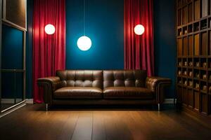 a leather couch in a room with blue walls and red curtains. AI-Generated photo