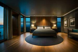 a bedroom with a large bed and wooden flooring. AI-Generated photo