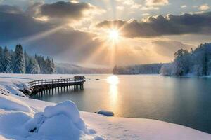 a snowy lake and pier with sun shining over it. AI-Generated photo