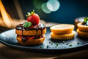a plate with a strawberry and chocolate cake. AI-Generated photo