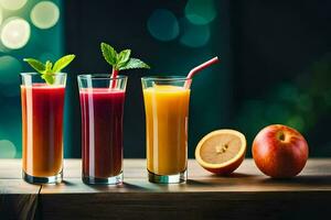 Tres lentes de jugo con Fruta y menta hojas. generado por ai foto