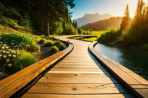 a wooden walkway leads to a river in the mountains. AI-Generated photo