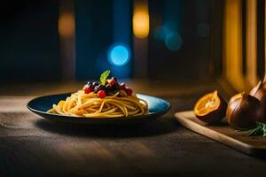 spaghetti with berries and tomatoes on a wooden table. AI-Generated photo