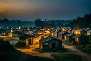 un pueblo a oscuridad con muchos chozas generado por ai foto