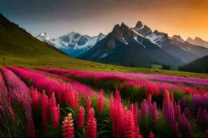 the flowers are blooming in the mountains at sunset. AI-Generated photo