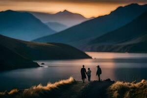 el Pareja son caminando a lo largo el la carretera a puesta de sol. generado por ai foto