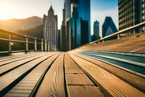 a wooden walkway in front of a city skyline. AI-Generated photo