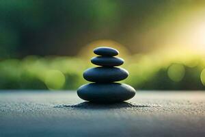 a stack of stones sitting on top of a table. AI-Generated photo