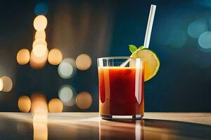 a glass of blood orange juice with a straw. AI-Generated photo