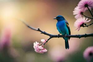 un azul pájaro se sienta en un rama con rosado flores generado por ai foto