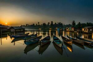 boats are docked at the shore of a lake at sunset. AI-Generated photo