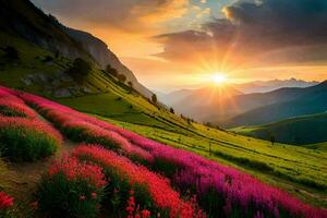 the sun rises over a mountain range with pink flowers. AI-Generated photo