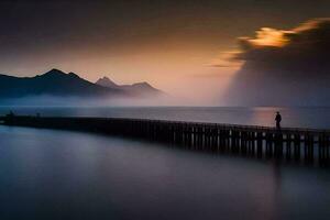 a man stands on a pier looking out over the water. AI-Generated photo